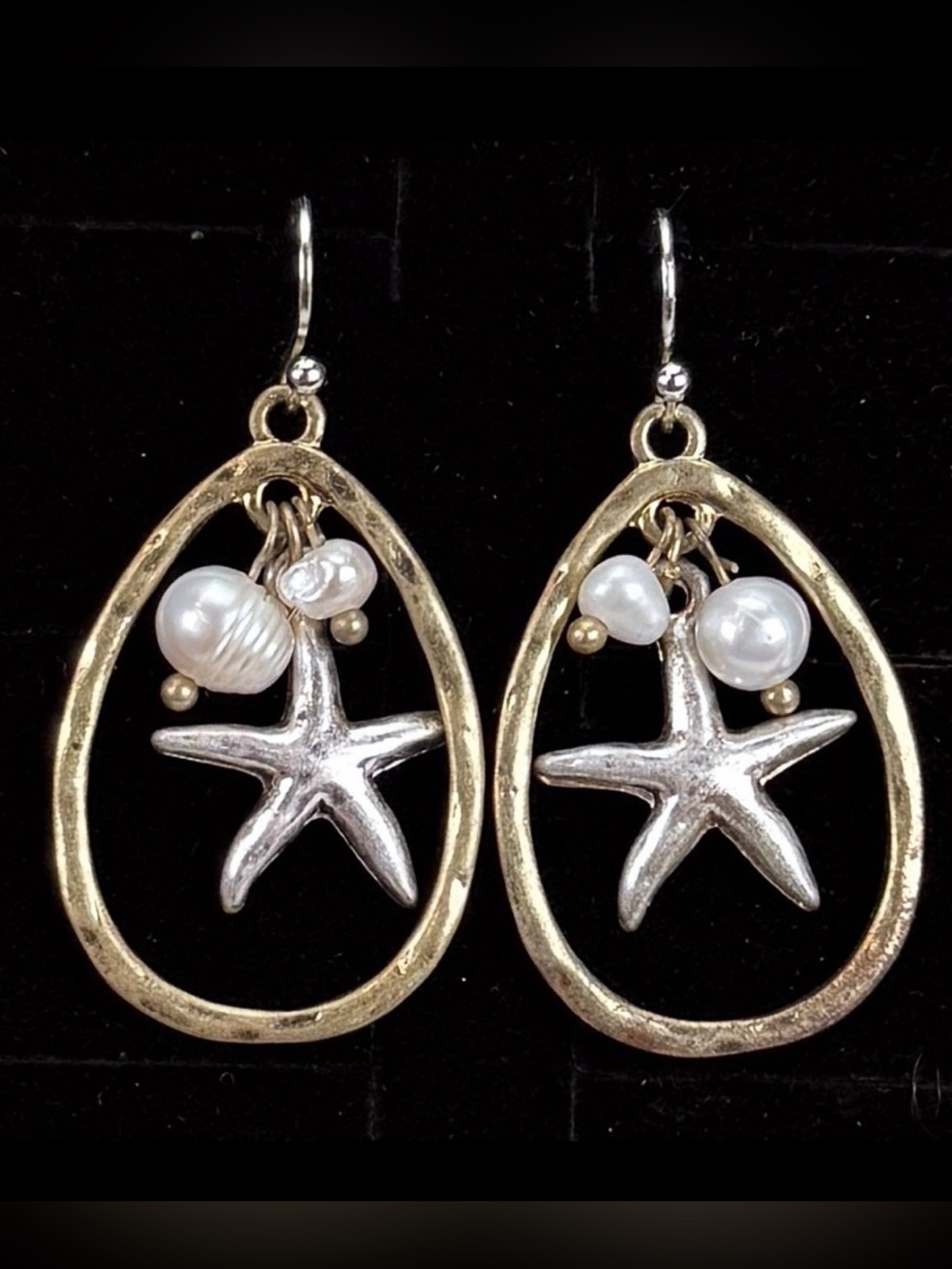 Vintage aged goldtone Silvertone faux pearl starfish dangle pierced earrings